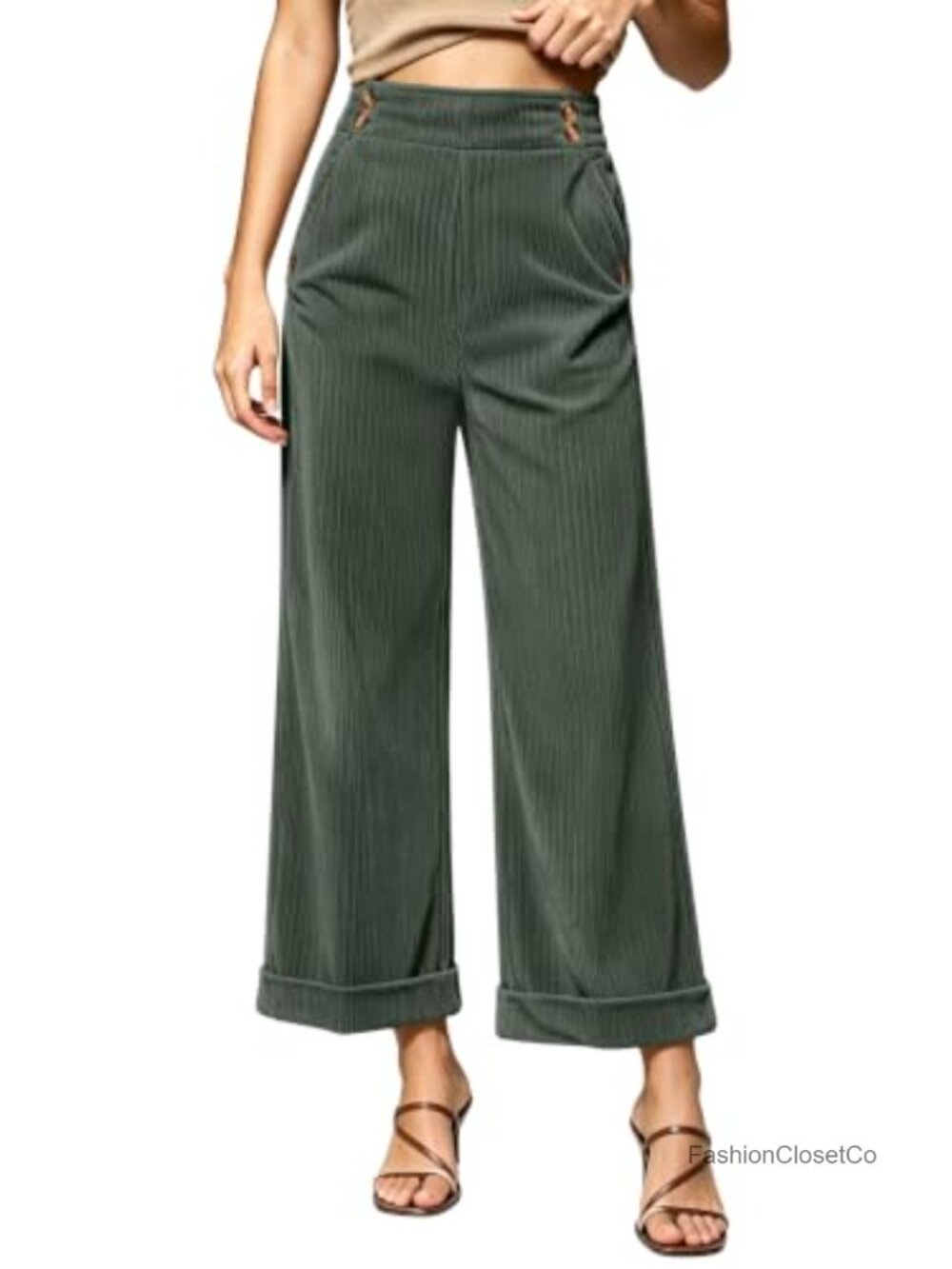 High Waisted Wide Leg Cuffed Corduroy Casual Pants